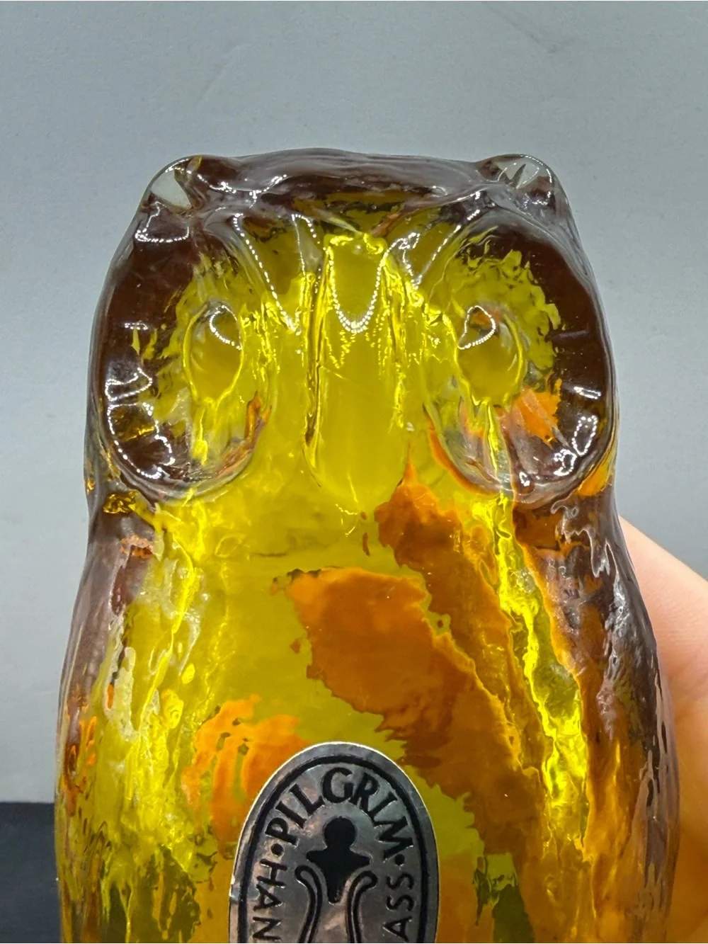 *GLOWS* Vintage 1970s Pilgrim Glass Amberina Owl Figurine – With Original Label!